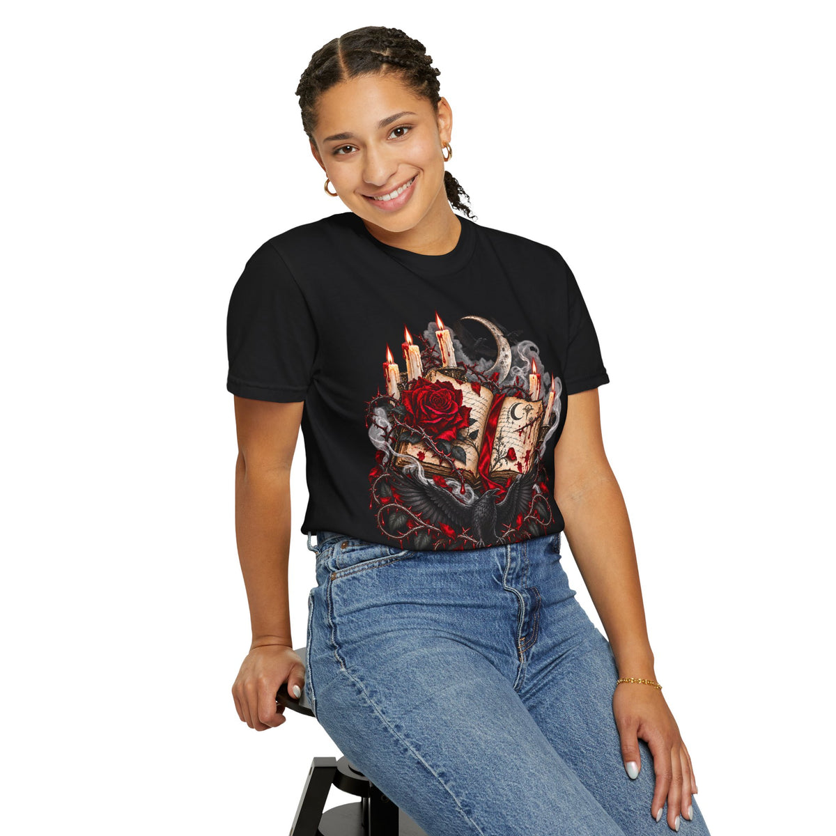Gothic Spellbook Tee — Rose, Candles & Raven Graphic T-Shirt