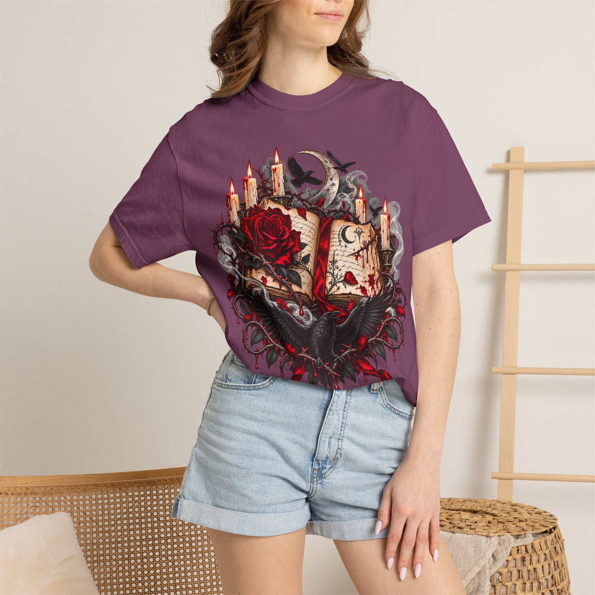 Occult Grimoire T-Shirt — Witchy Book, Rose & Candle Gothic Tee