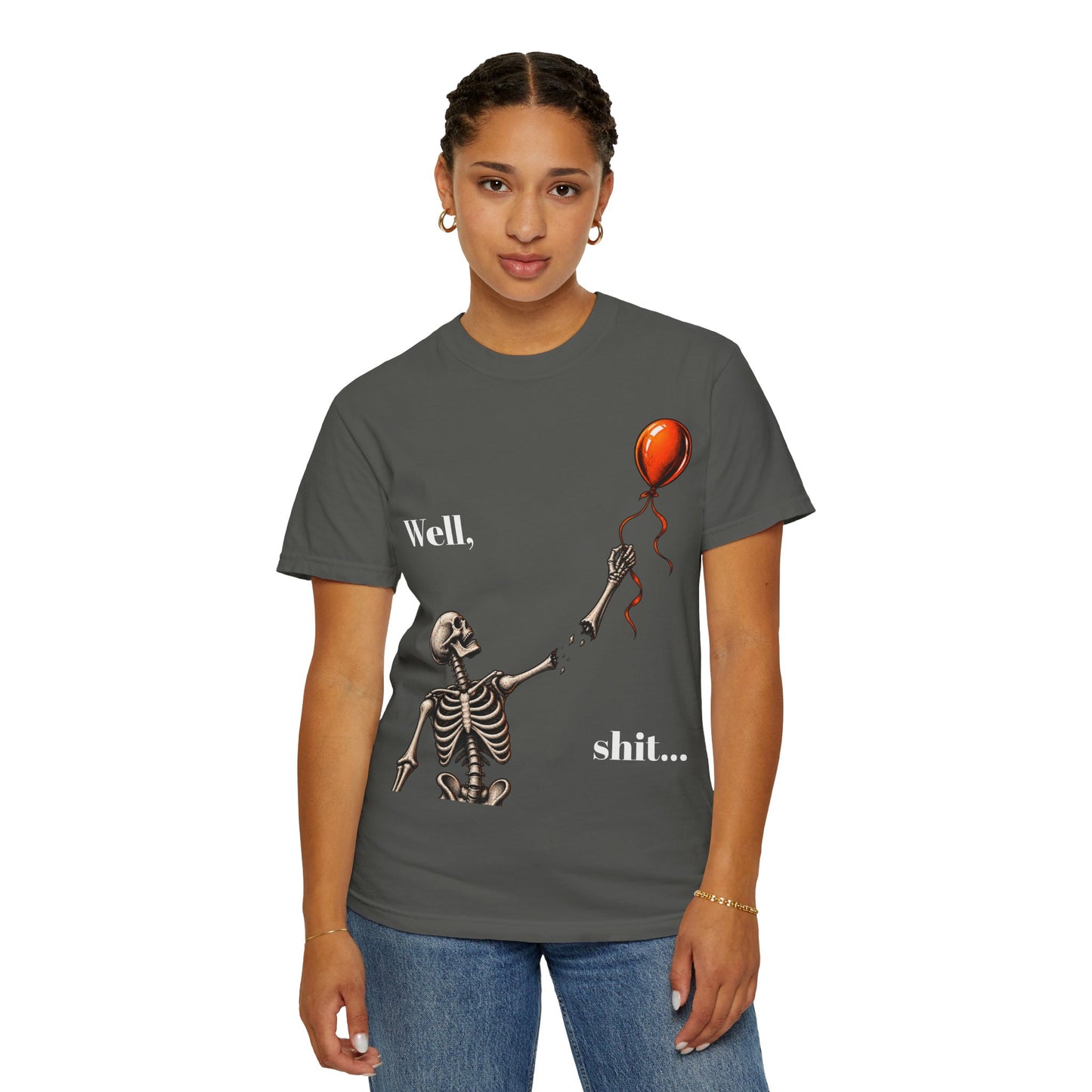 Skeleton & Balloon T-Shirt — “Well, shit...” Funny Goth Graphic Tee