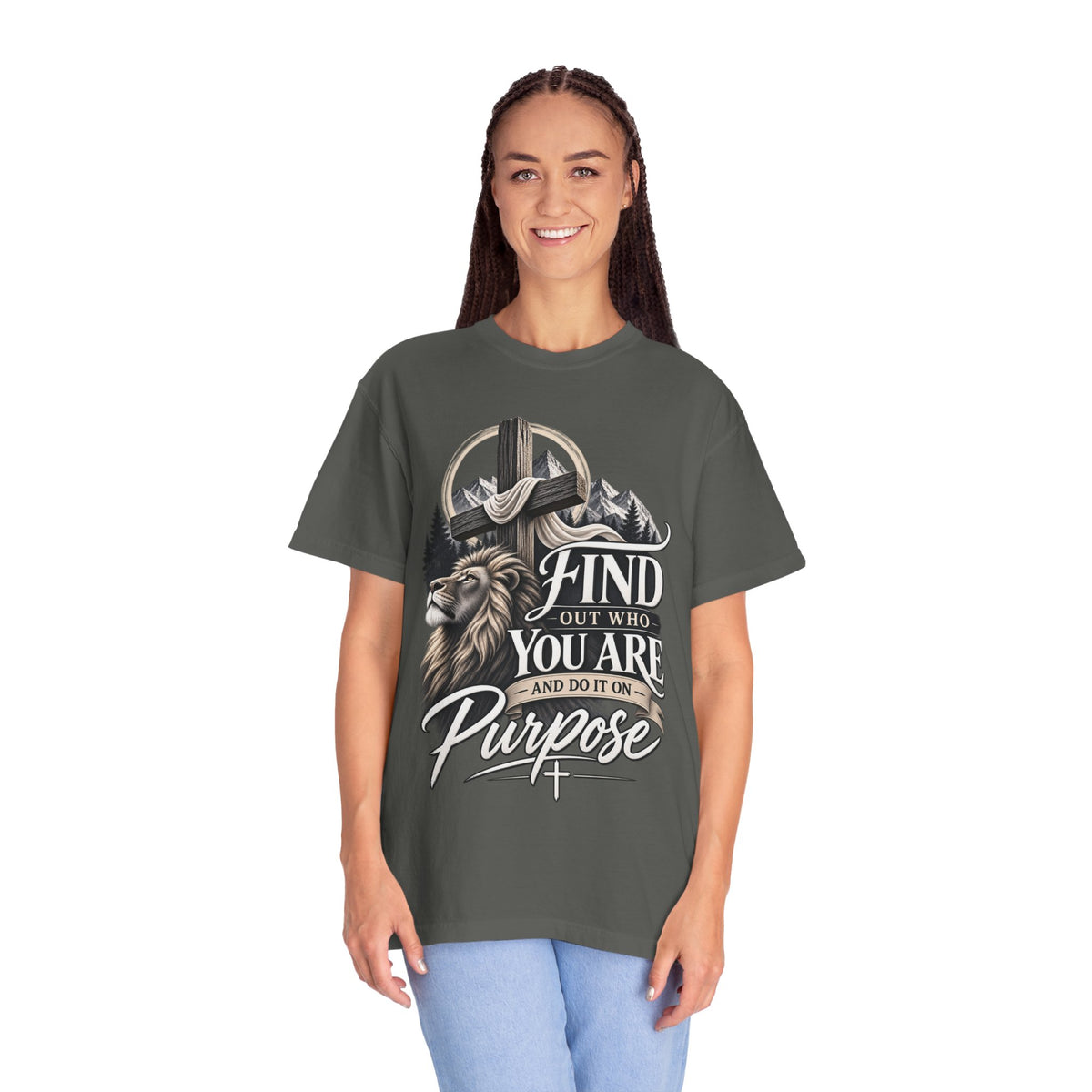 Find Out Who You Are Purpose T-Shirt — Inspirational Christian Mountain & Cross Tee