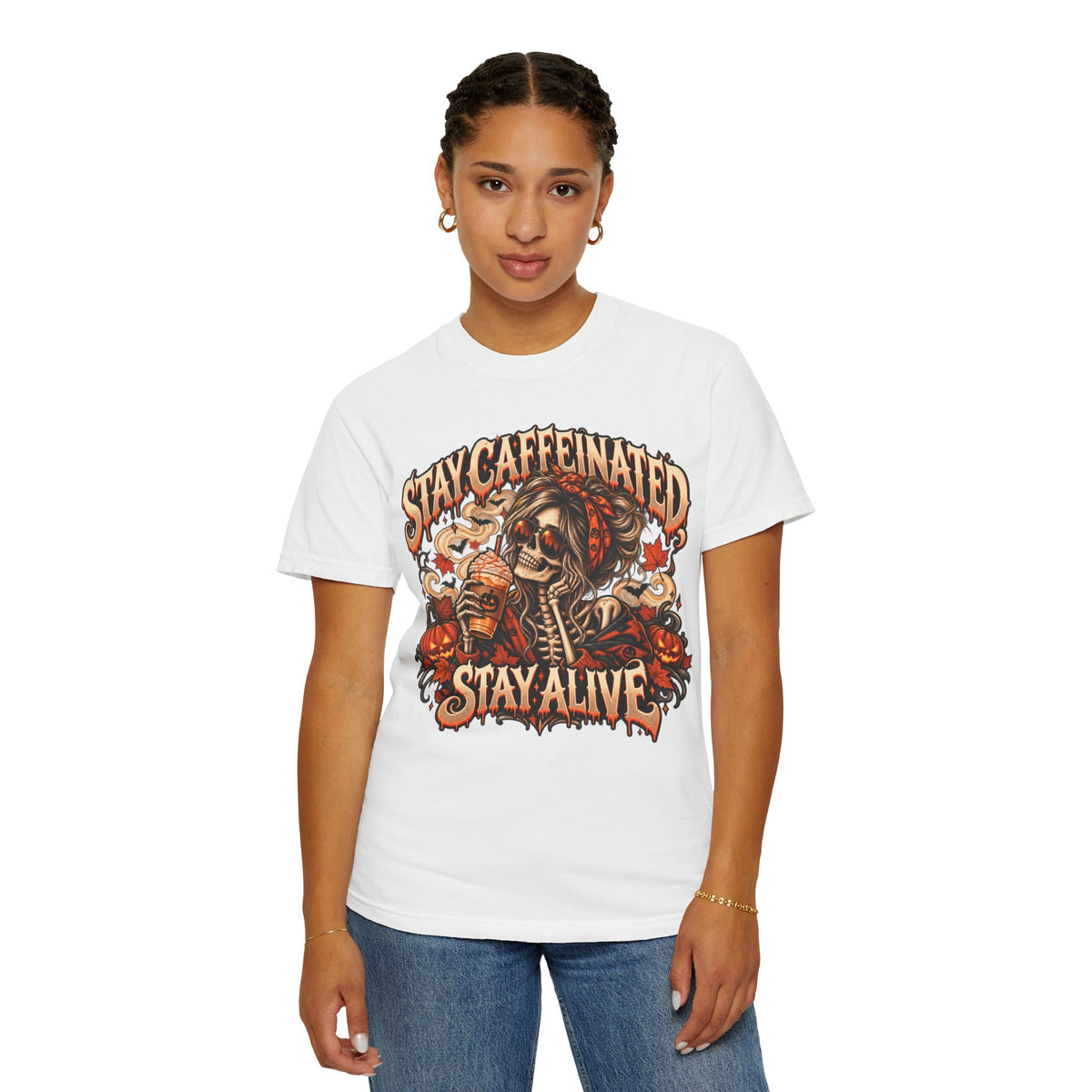 Stay Caffeinated Stay Alive Hers T-Shirt — Skeleton Coffee Graphic Tee