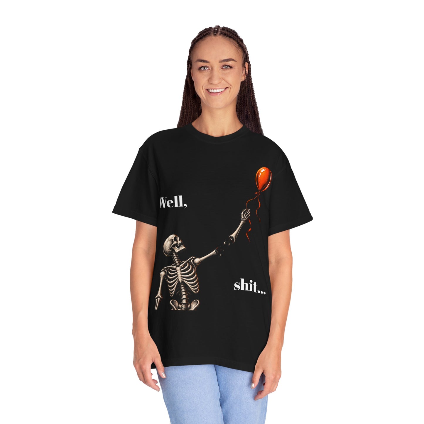 Skeleton & Balloon T-Shirt — “Well, shit...” Funny Goth Graphic Tee