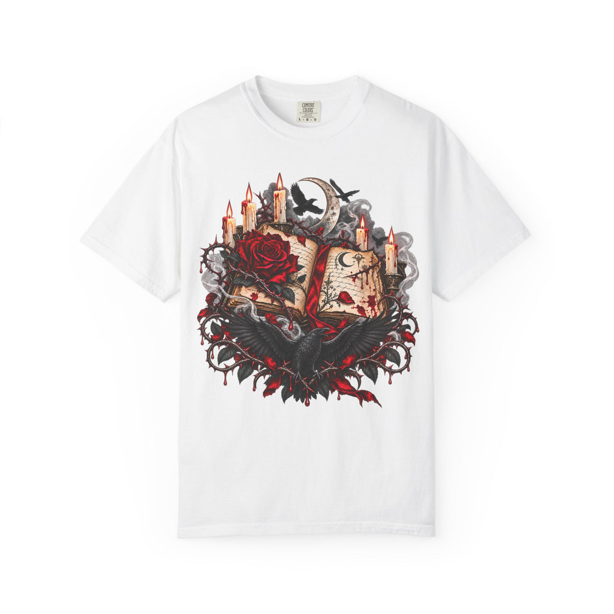 Occult Grimoire T-Shirt — Witchy Book, Rose & Candle Gothic Tee