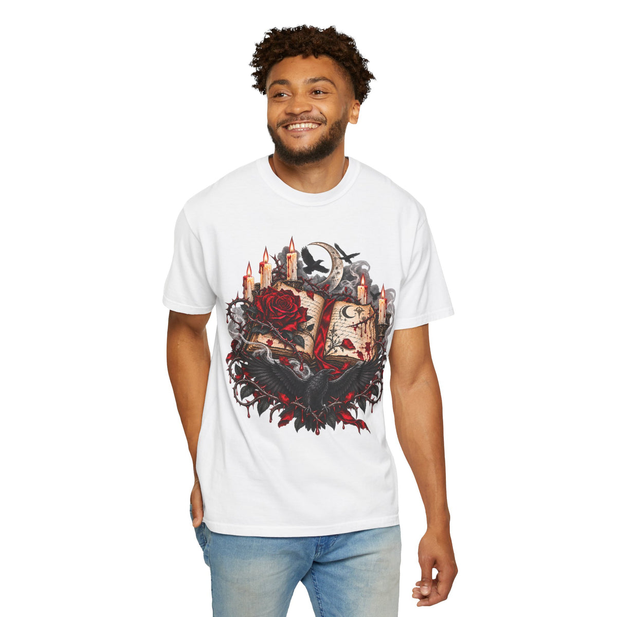 Gothic Spellbook Tee — Rose, Candles & Raven Graphic T-Shirt