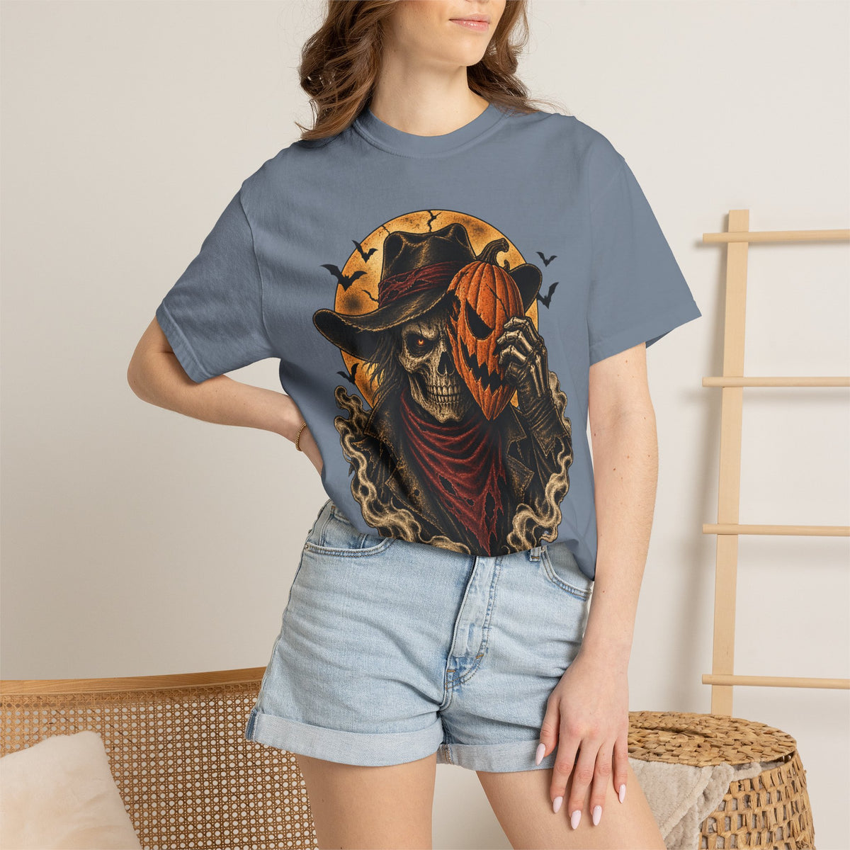 Skeleton Cowboy with Pumpkin Mask T-shirt | Halloween Western Skull Tee
