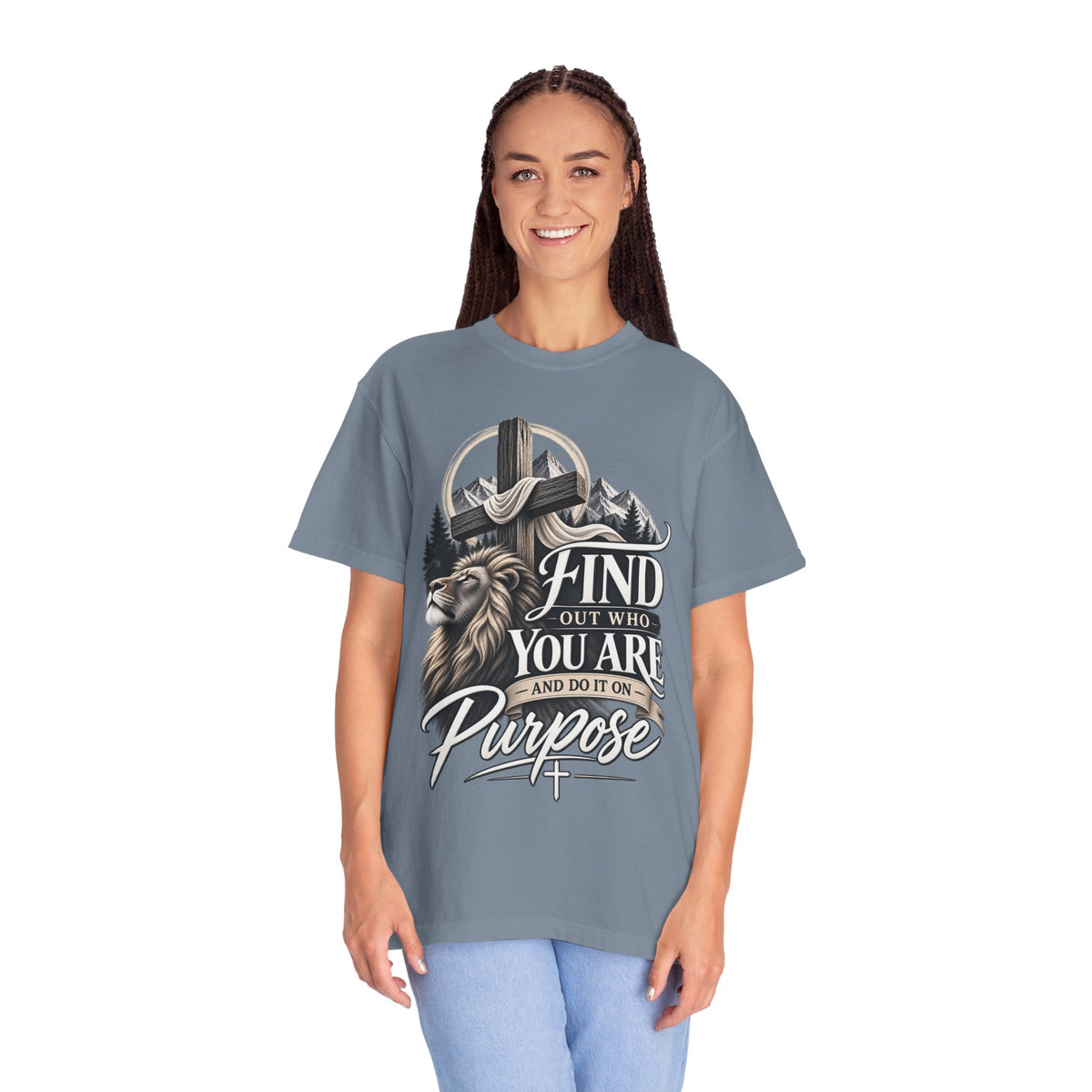Find Out Who You Are Purpose T-Shirt — Inspirational Christian Mountain & Cross Tee