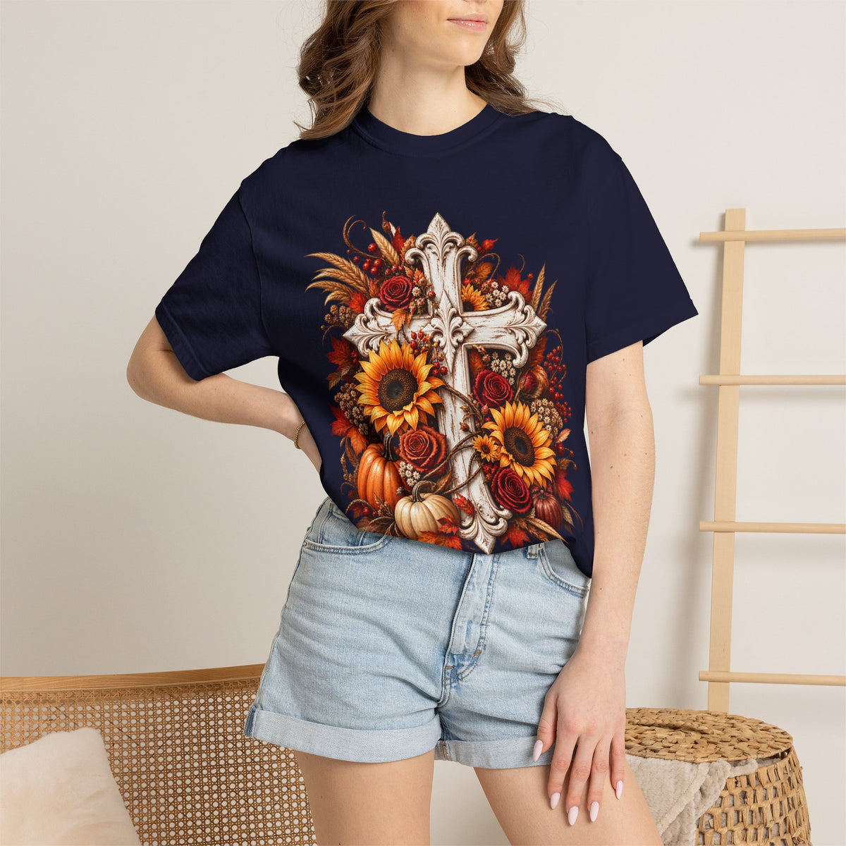 Autumn Harvest Cross and Sunflower T-Shirt