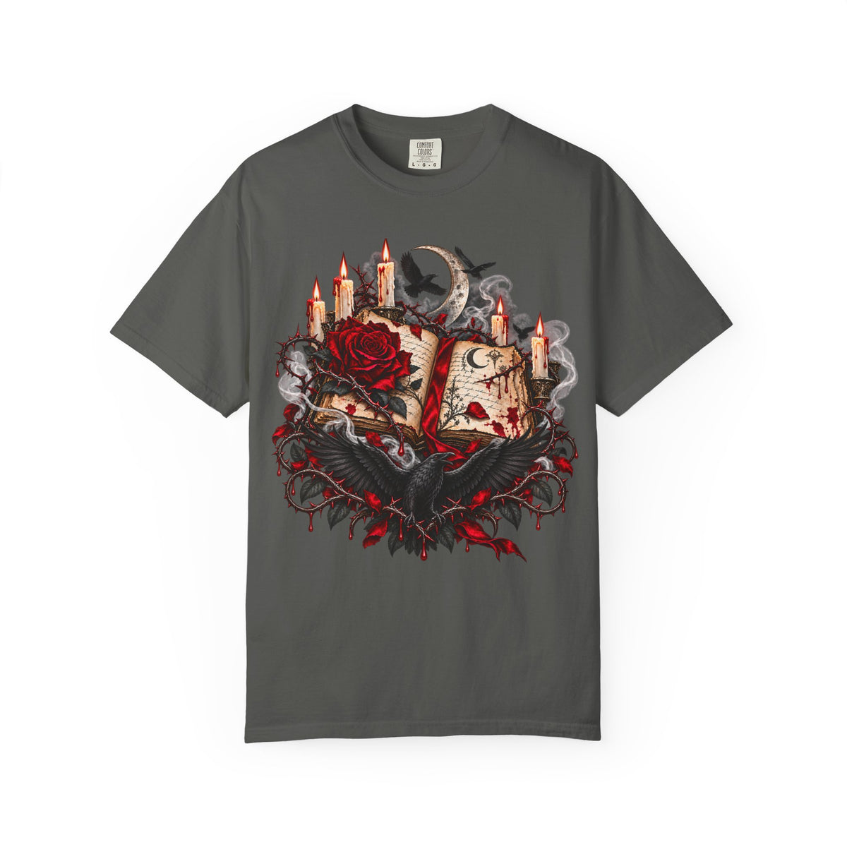Occult Grimoire T-Shirt — Witchy Book, Rose & Candle Gothic Tee