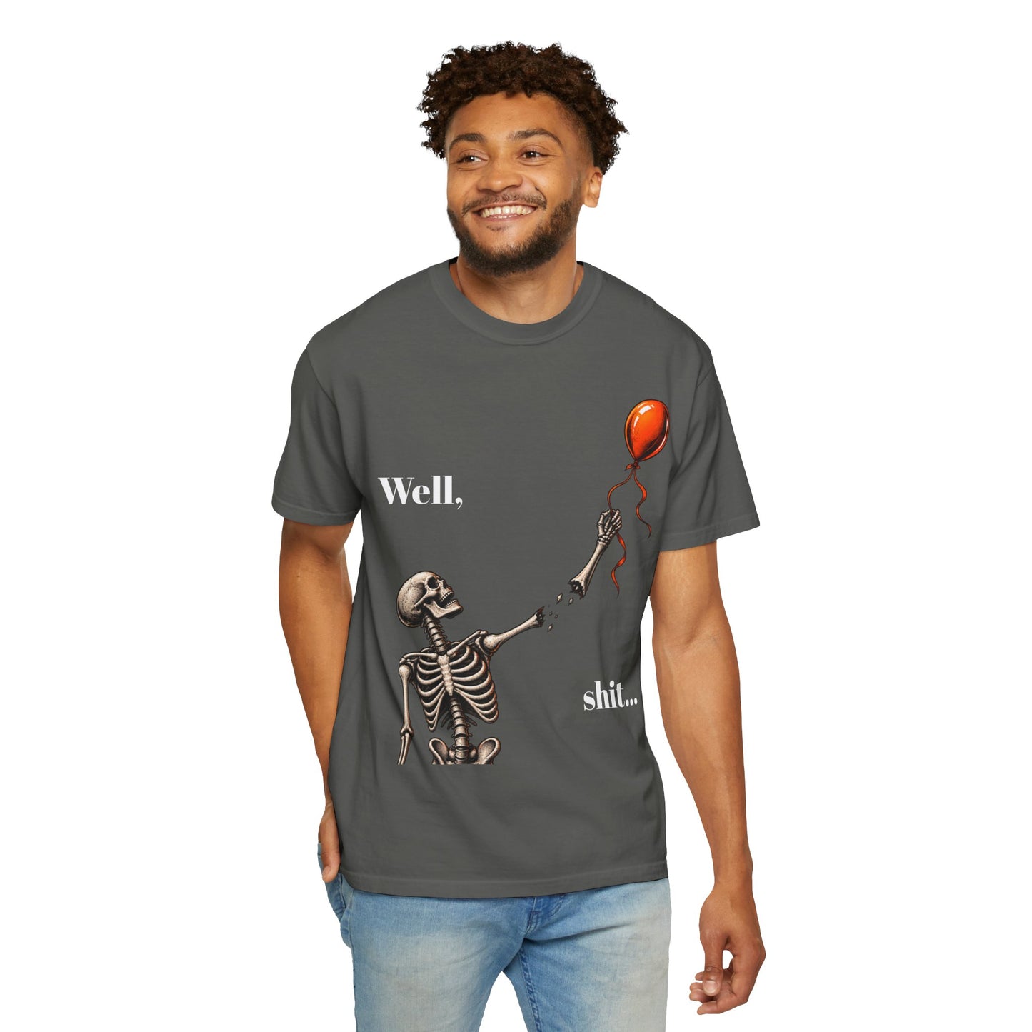 Skeleton & Balloon T-Shirt — “Well, shit...” Funny Goth Graphic Tee