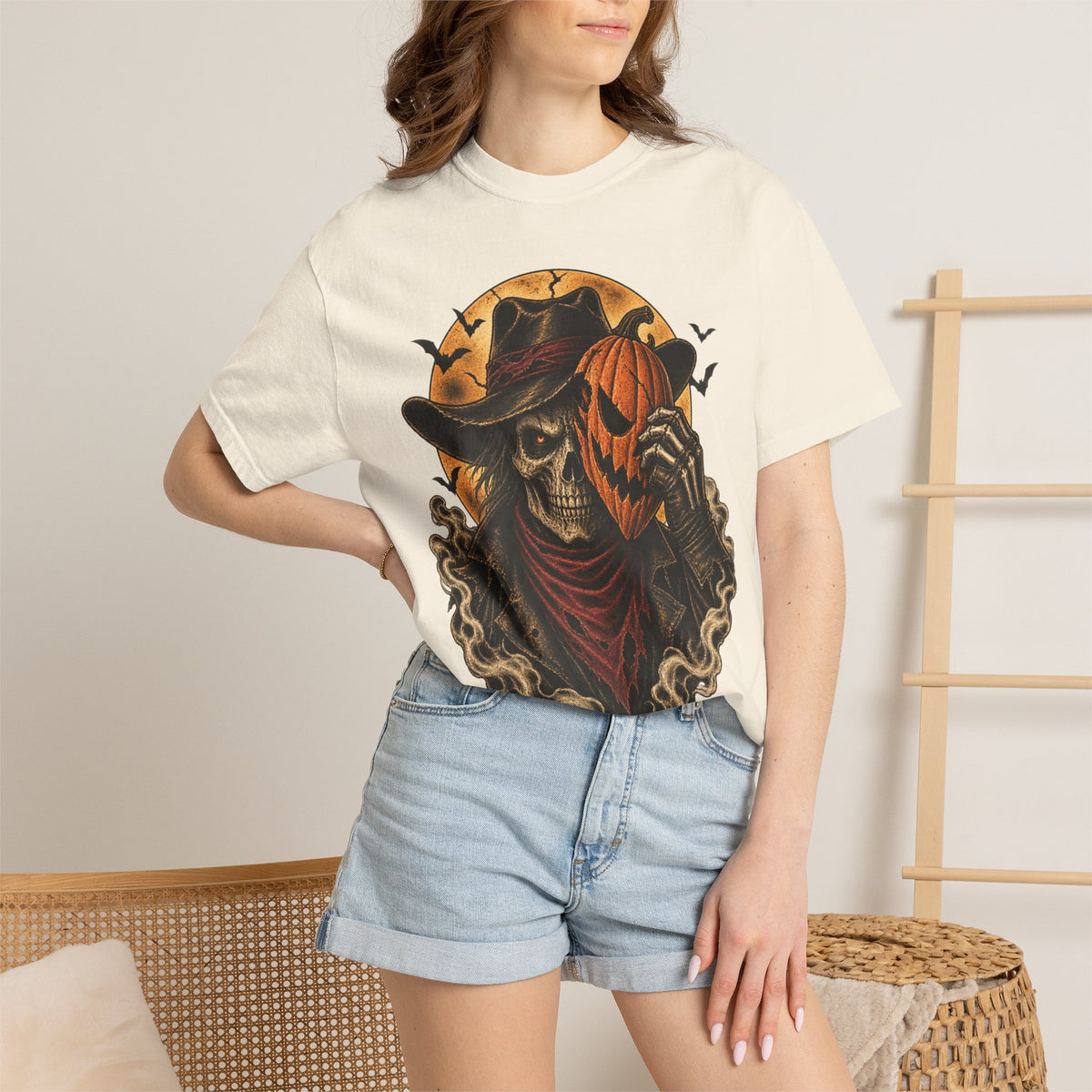 Skeleton Cowboy with Pumpkin Mask T-shirt | Halloween Western Skull Tee