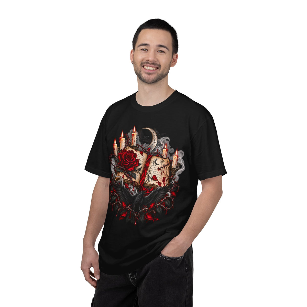 Occult Grimoire T-Shirt — Witchy Book, Rose & Candle Gothic Tee