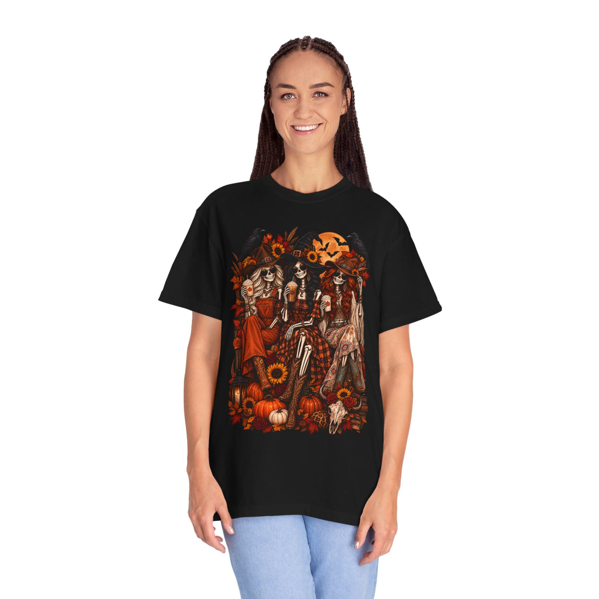 Autumn Witch Trio T-shirt | Halloween Pumpkin Sunflower Illustration