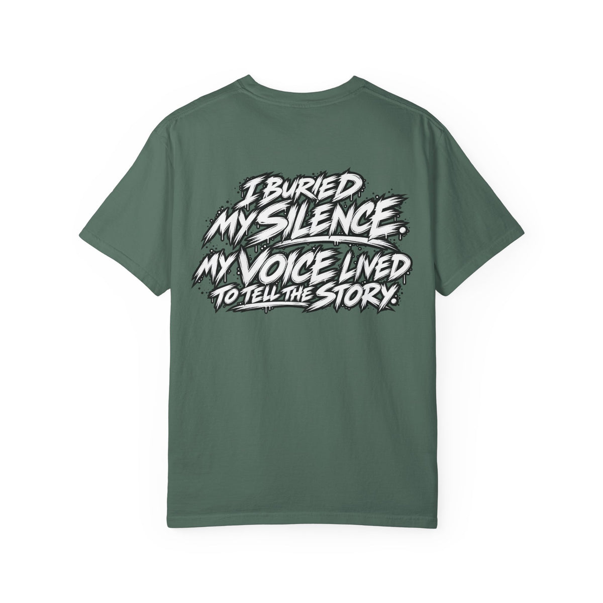 Graphic T-Shirt — "Smokeyy" with Back Text: "I Buried My Silence, My Voice Lined to Tell the Story" Inspiring Graphic