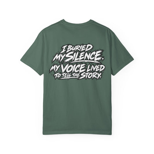 Graphic T-Shirt — "Smokeyy" with Back Text: "I Buried My Silence, My Voice Lined to Tell the Story" Inspiring Graphic