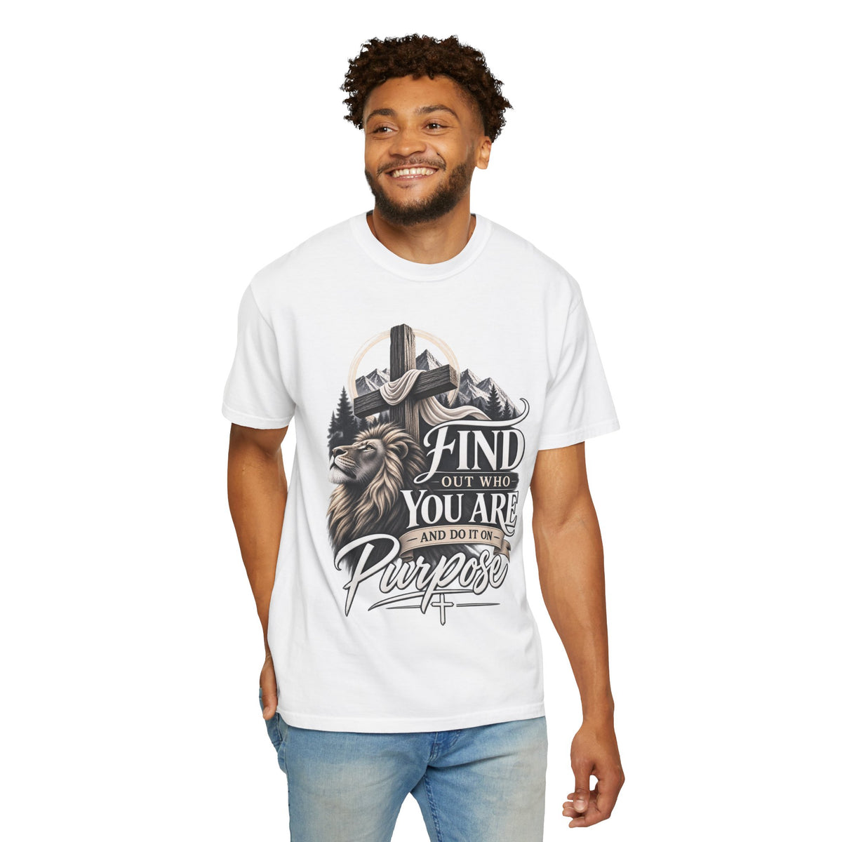 Find Out Who You Are Purpose T-Shirt — Inspirational Christian Mountain & Cross Tee