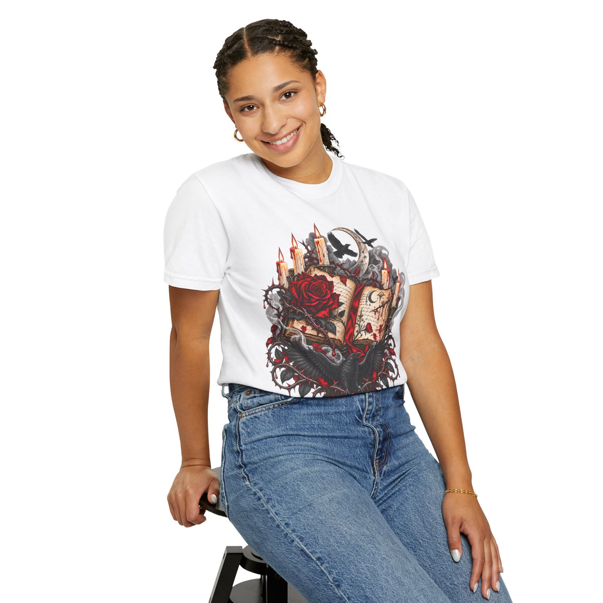 Gothic Spellbook Tee — Rose, Candles & Raven Graphic T-Shirt
