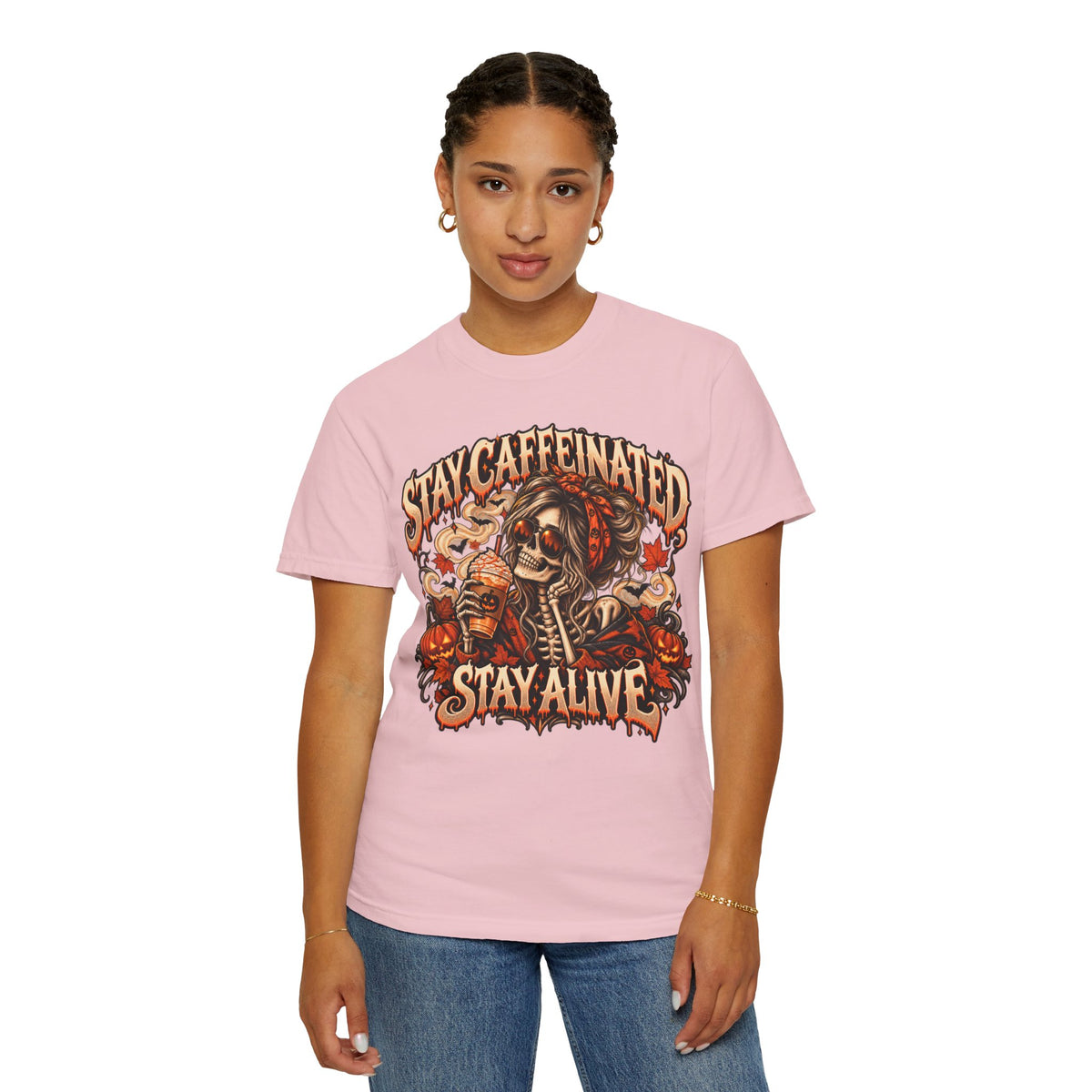 Stay Caffeinated Stay Alive Hers T-Shirt — Skeleton Coffee Graphic Tee