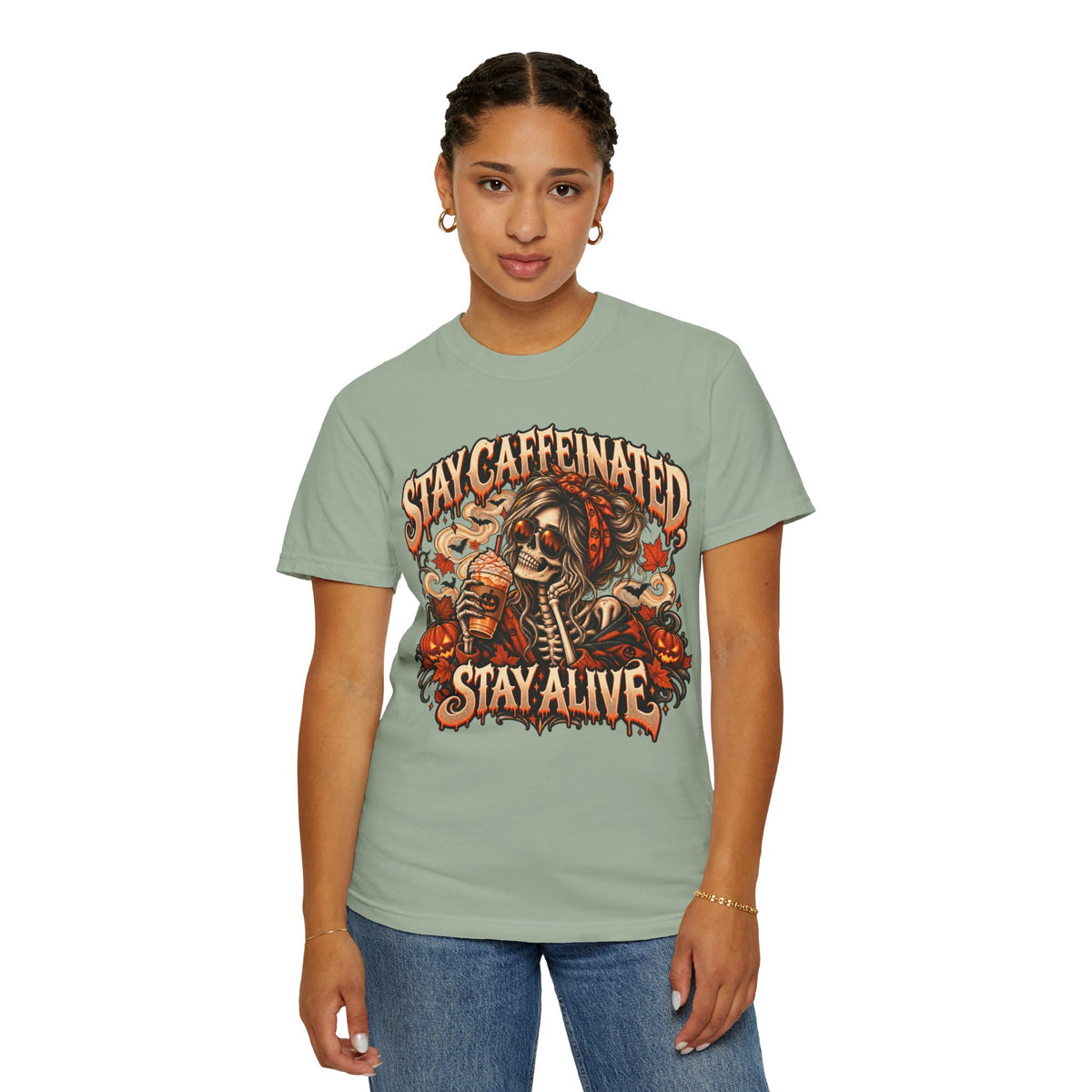 Stay Caffeinated Stay Alive Hers T-Shirt — Skeleton Coffee Graphic Tee