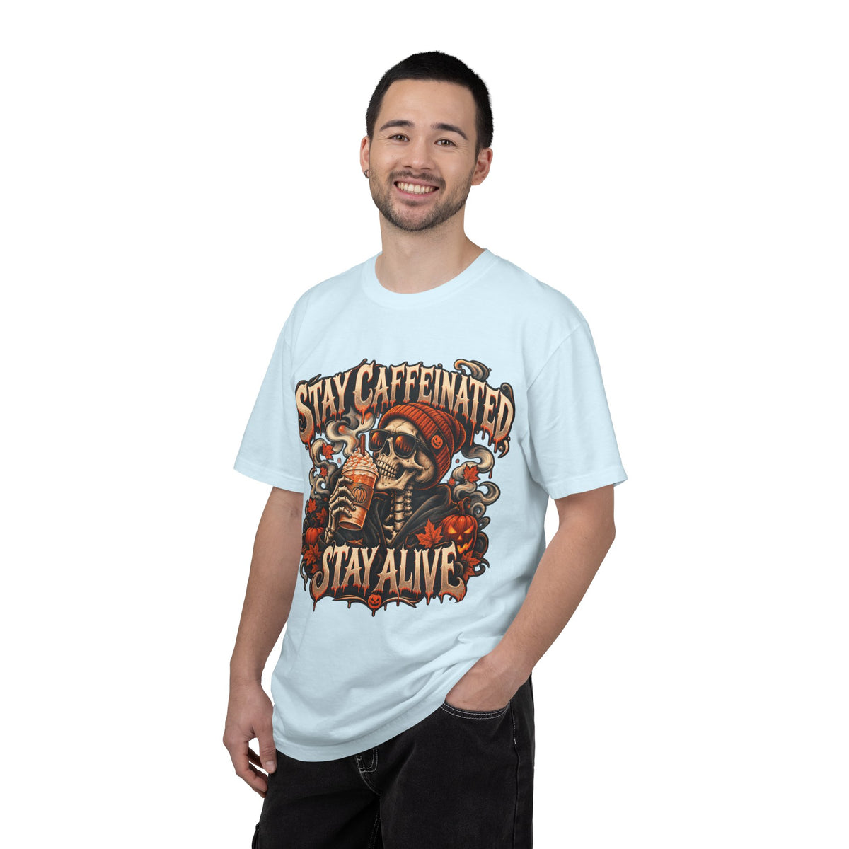 Stay Caffeinated Stay Alive skull sipping coffee HIS T-Shirt | Halloween coffee tee