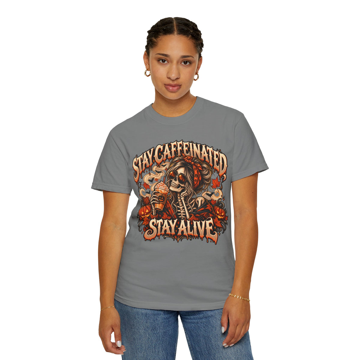 Stay Caffeinated Stay Alive Hers T-Shirt — Skeleton Coffee Graphic Tee