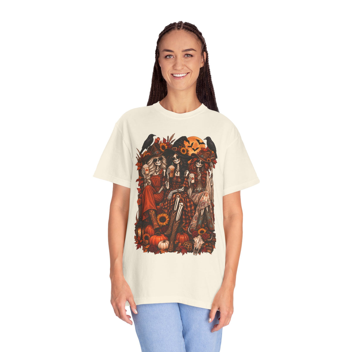 Autumn Witch Trio T-shirt | Halloween Pumpkin Sunflower Illustration