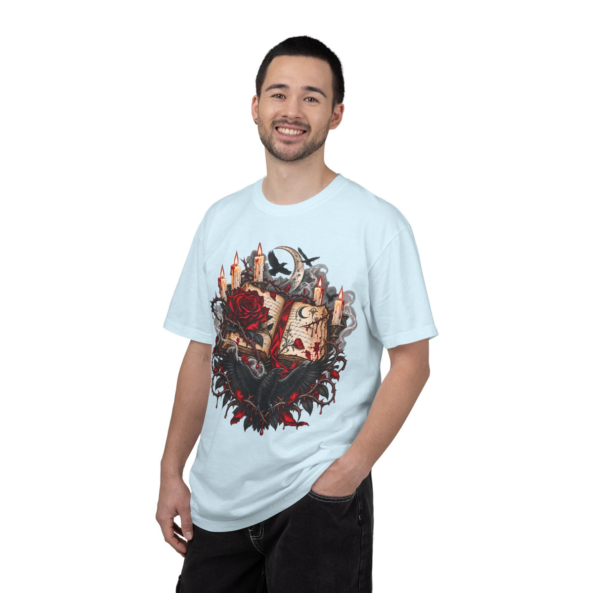 Occult Grimoire T-Shirt — Witchy Book, Rose & Candle Gothic Tee