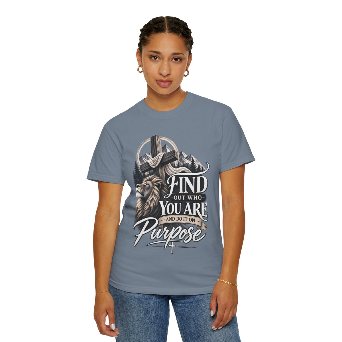Find Out Who You Are Purpose T-Shirt — Inspirational Christian Mountain & Cross Tee