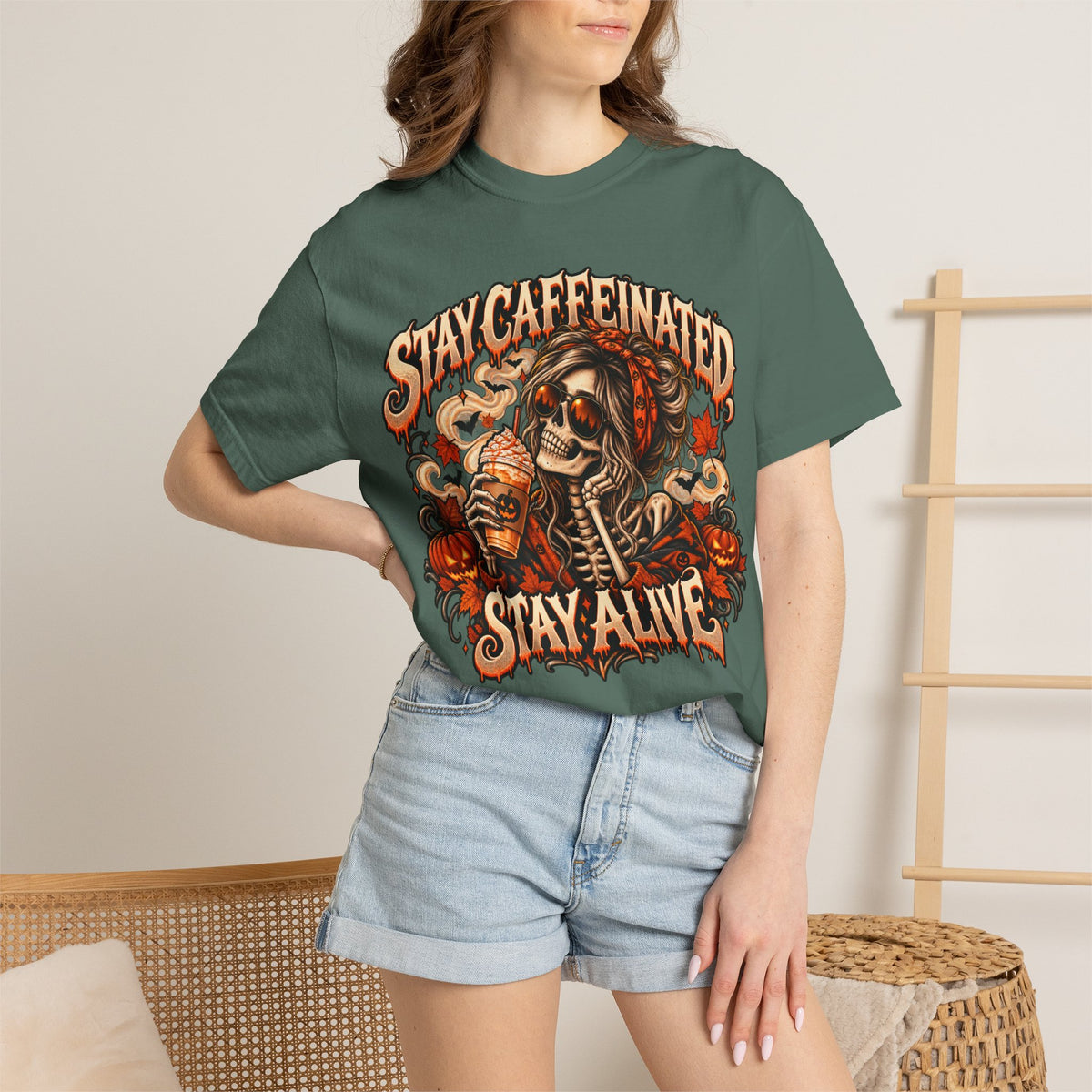 Stay Caffeinated Stay Alive Hers T-Shirt — Skeleton Coffee Graphic Tee