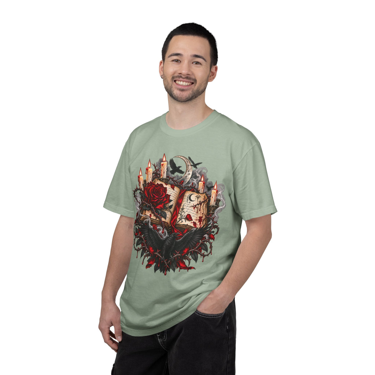 Occult Grimoire T-Shirt — Witchy Book, Rose & Candle Gothic Tee