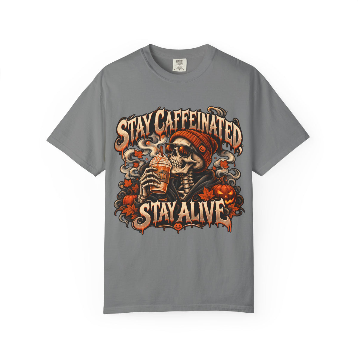 Stay Caffeinated Stay Alive skull sipping coffee HIS T-Shirt | Halloween coffee tee