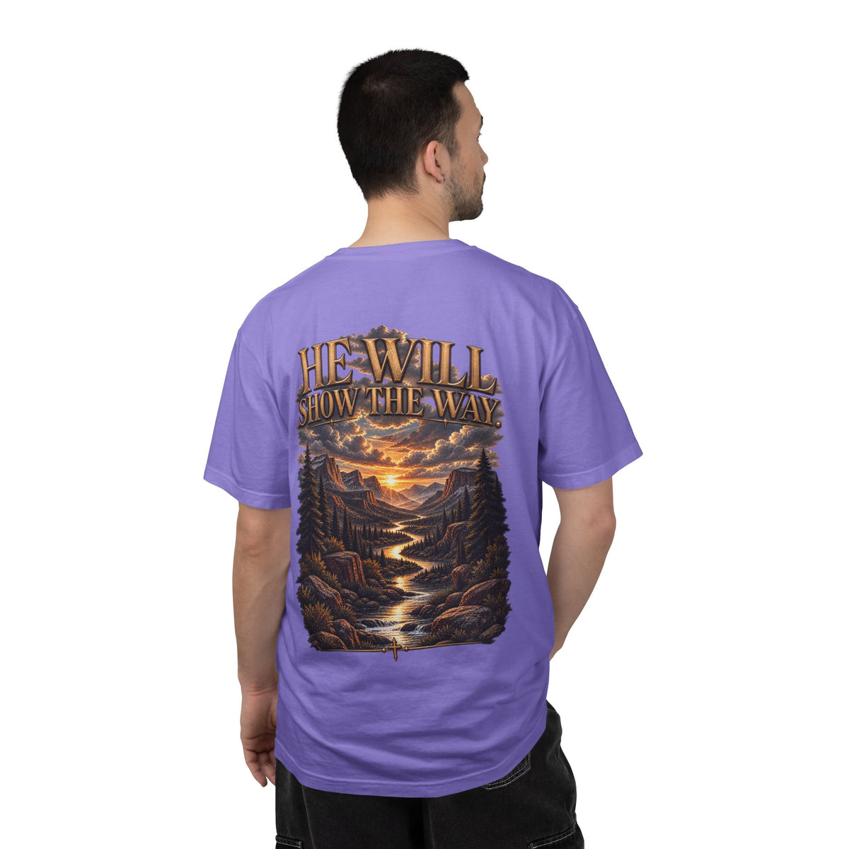 Psalm 23 Compass T-Shirt — "He Will Show The Way" Scenic Graphic Tee