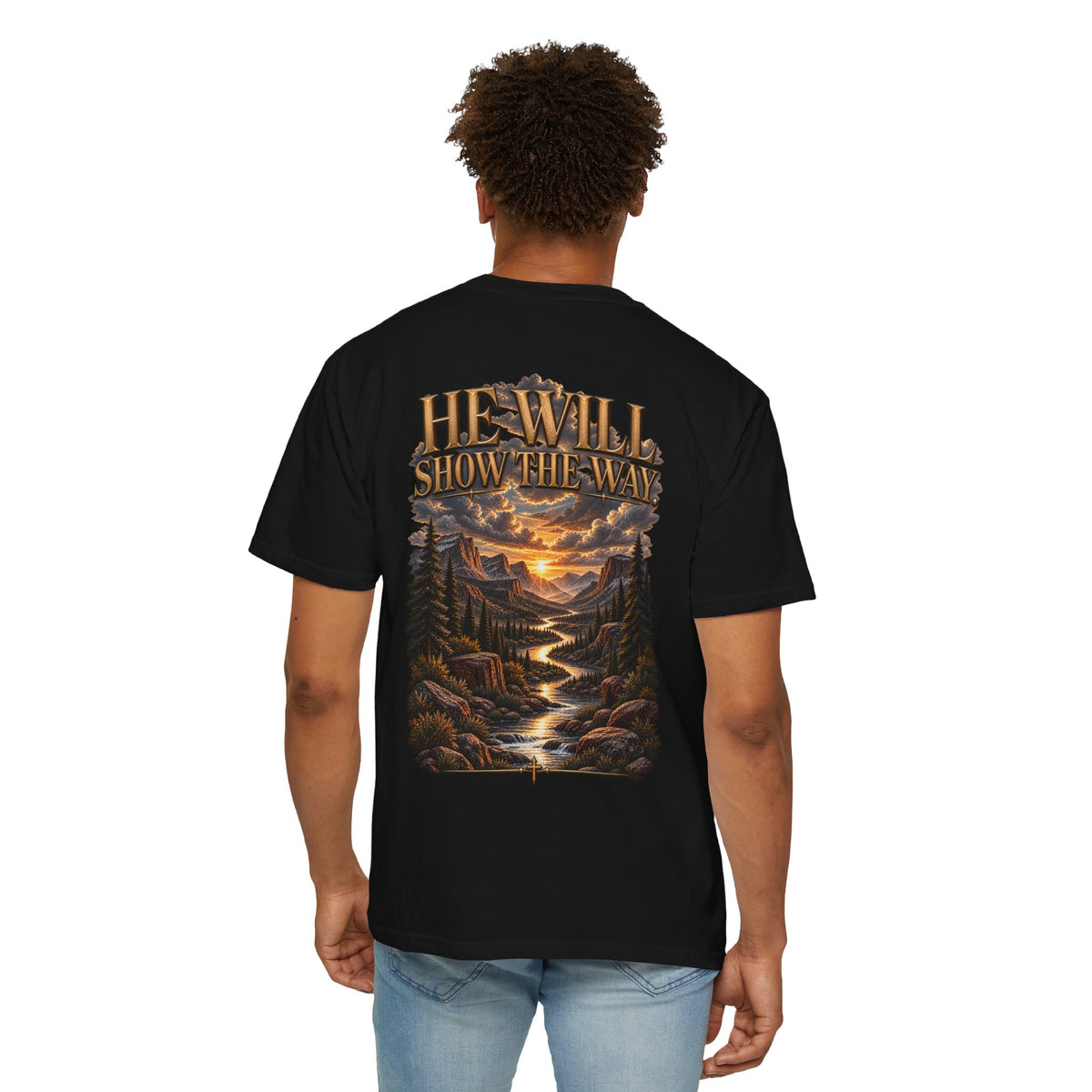 Psalm 23 Compass T-Shirt — "He Will Show The Way" Scenic Graphic Tee