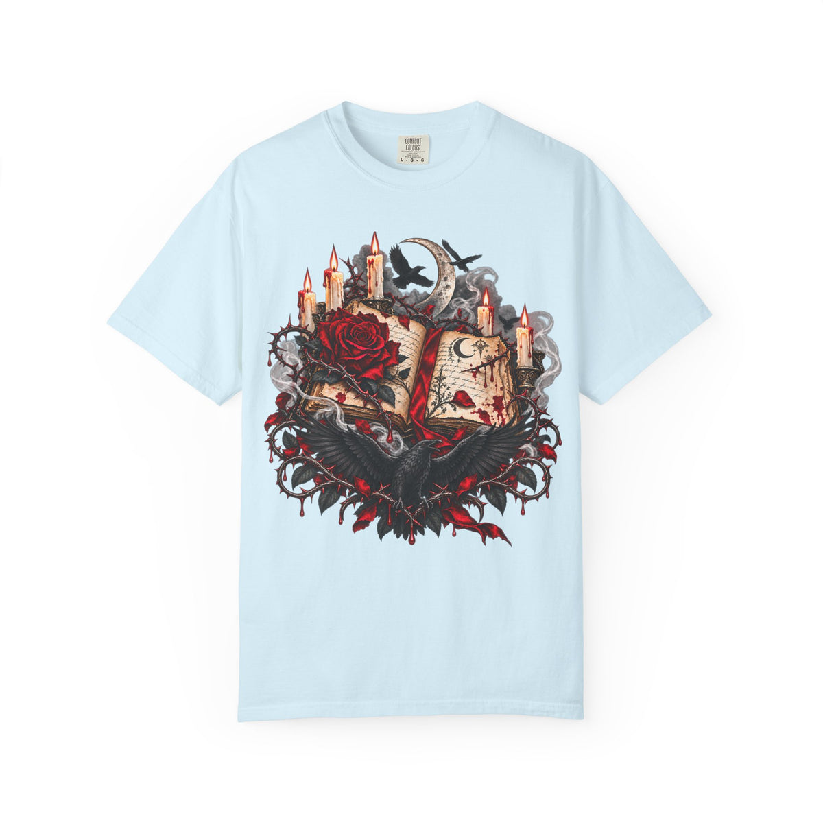 Occult Grimoire T-Shirt — Witchy Book, Rose & Candle Gothic Tee
