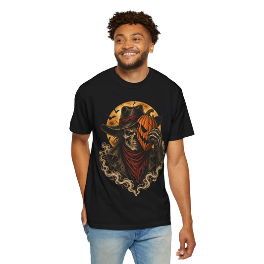 Skeleton Cowboy with Pumpkin Mask T-shirt | Halloween Western Skull Tee