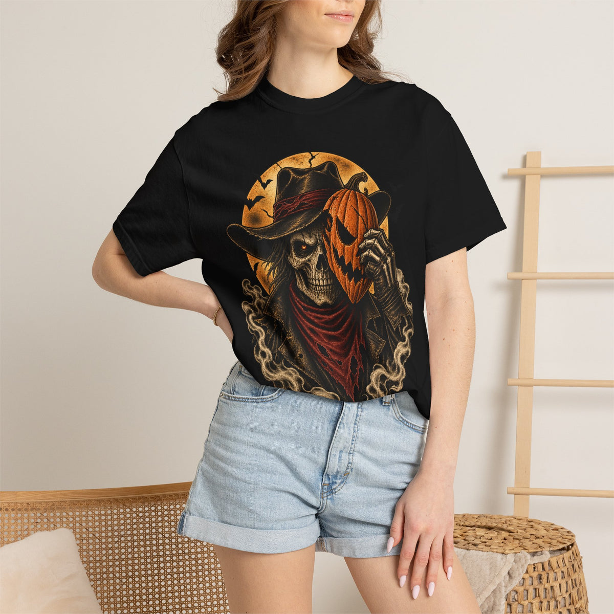 Skeleton Cowboy with Pumpkin Mask T-shirt | Halloween Western Skull Tee