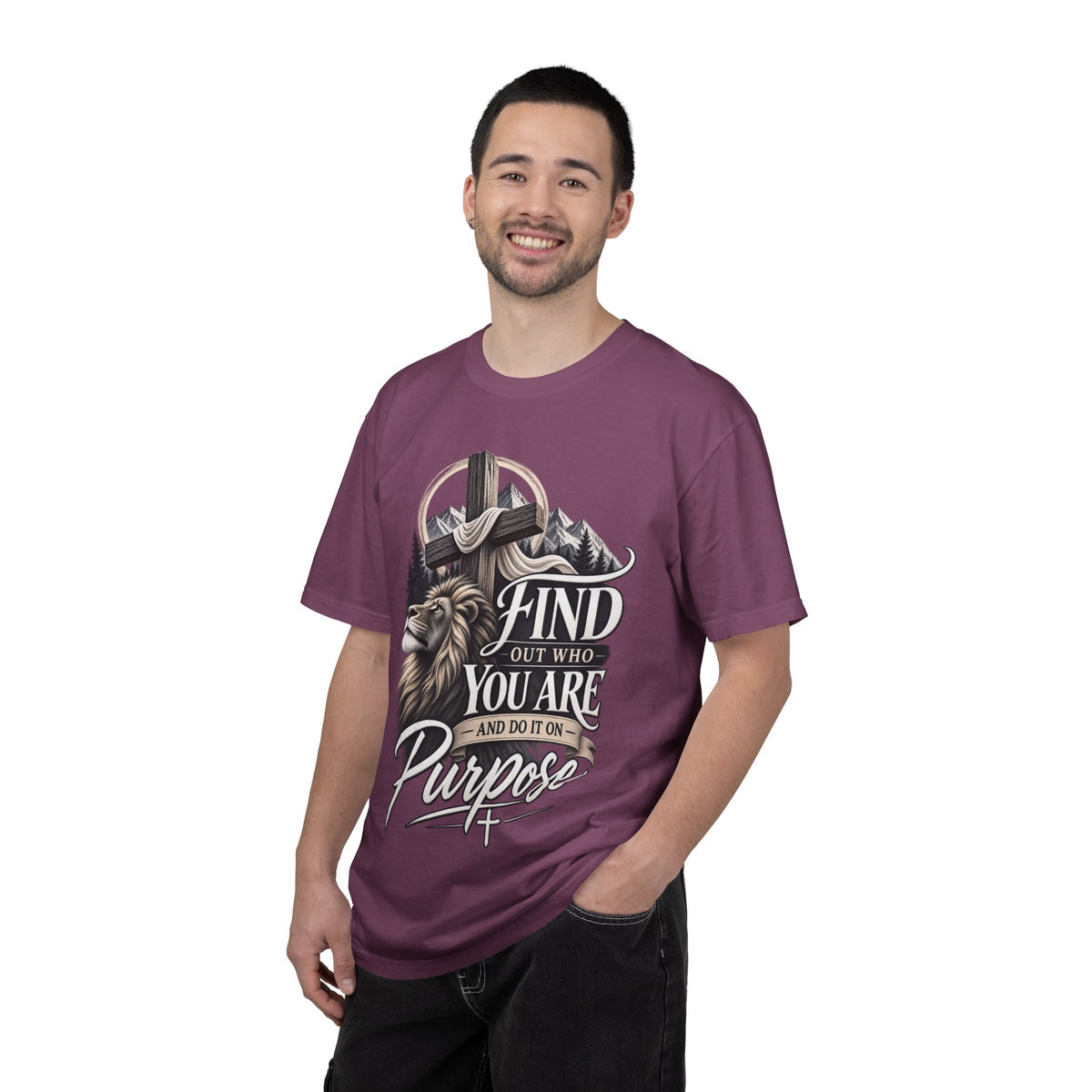 Find Out Who You Are Purpose T-Shirt — Inspirational Christian Mountain & Cross Tee