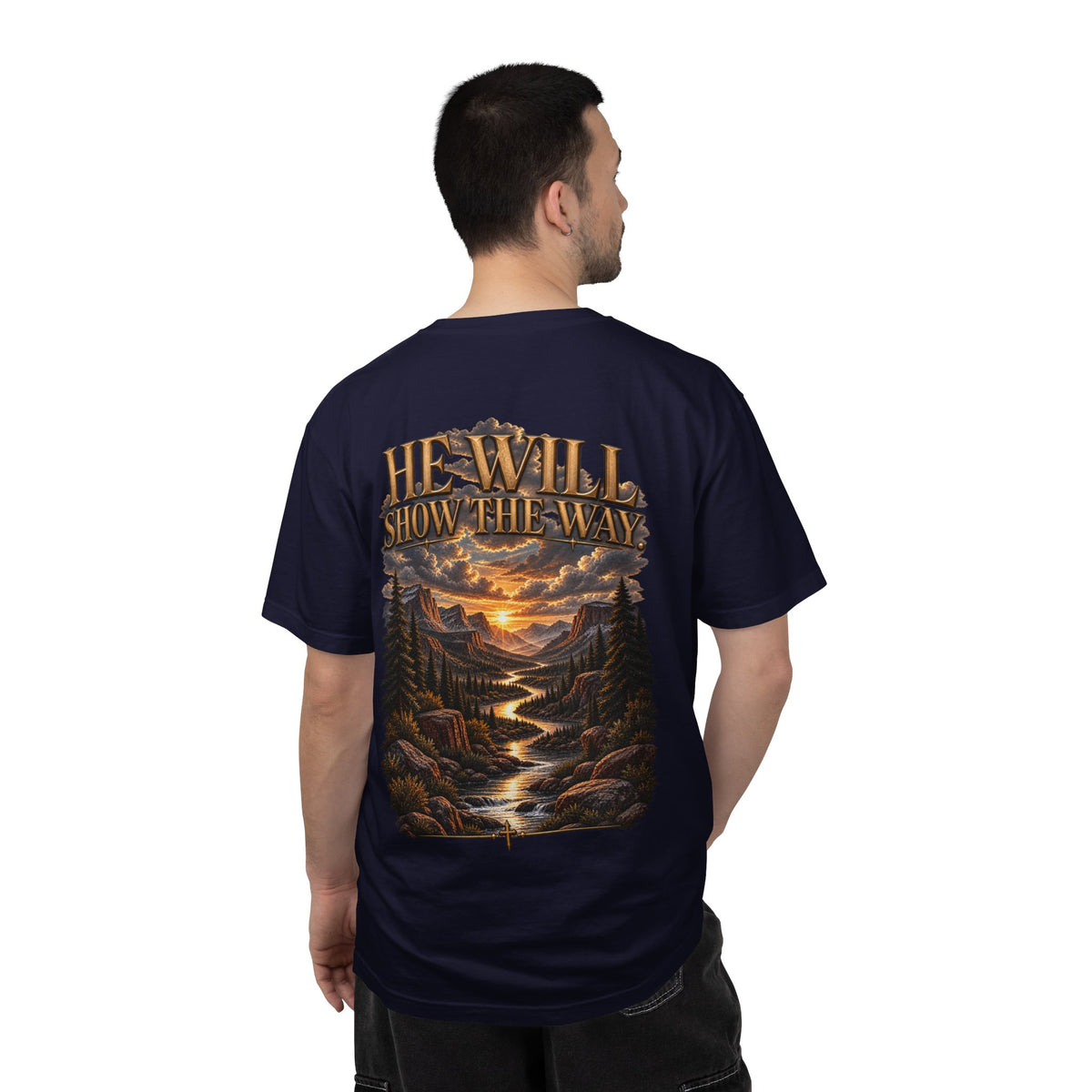Psalm 23 Compass T-Shirt — "He Will Show The Way" Scenic Graphic Tee