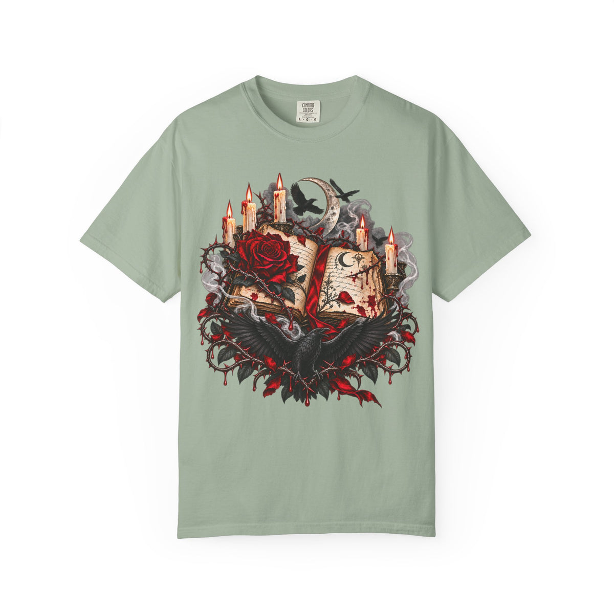 Occult Grimoire T-Shirt — Witchy Book, Rose & Candle Gothic Tee