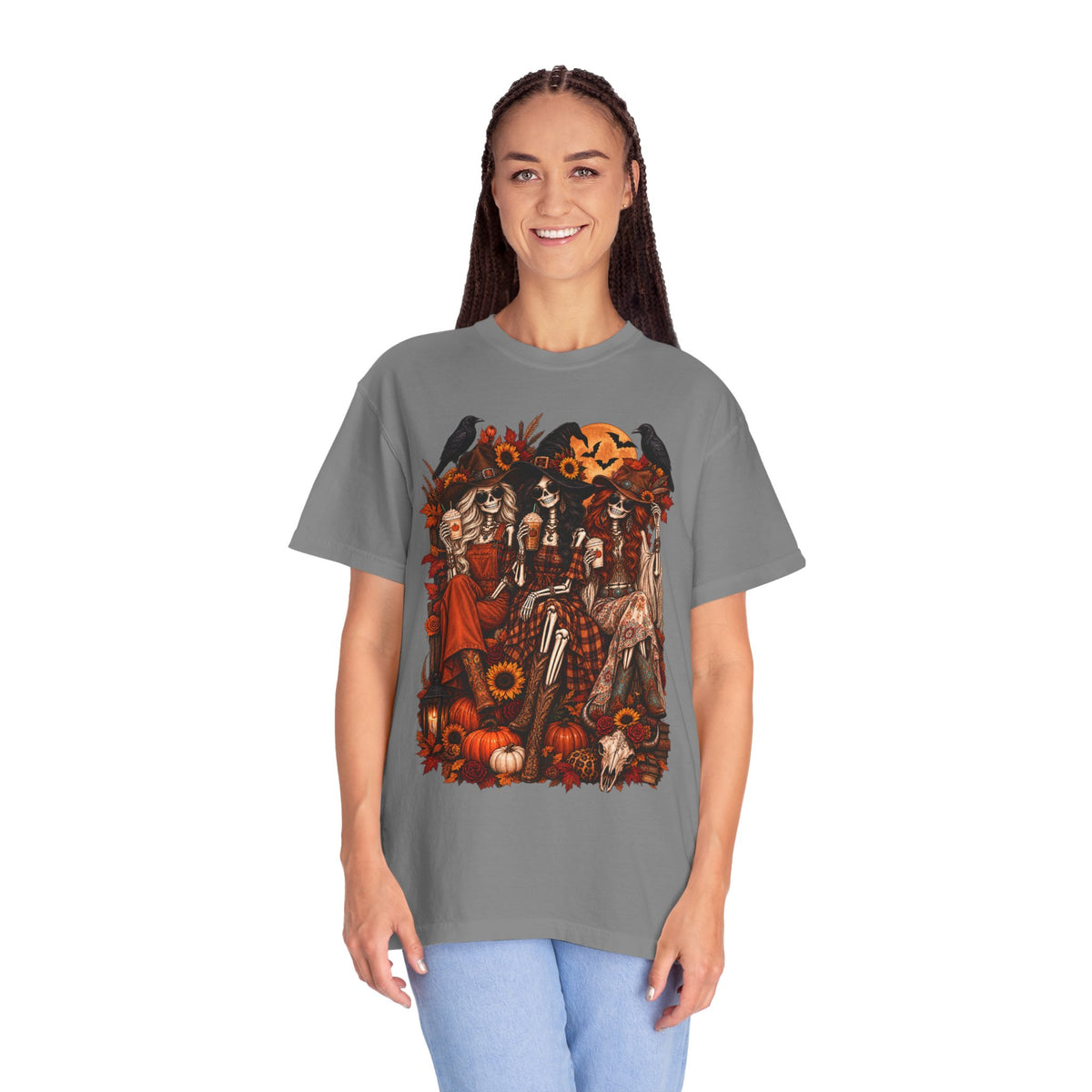 Autumn Witch Trio T-shirt | Halloween Pumpkin Sunflower Illustration