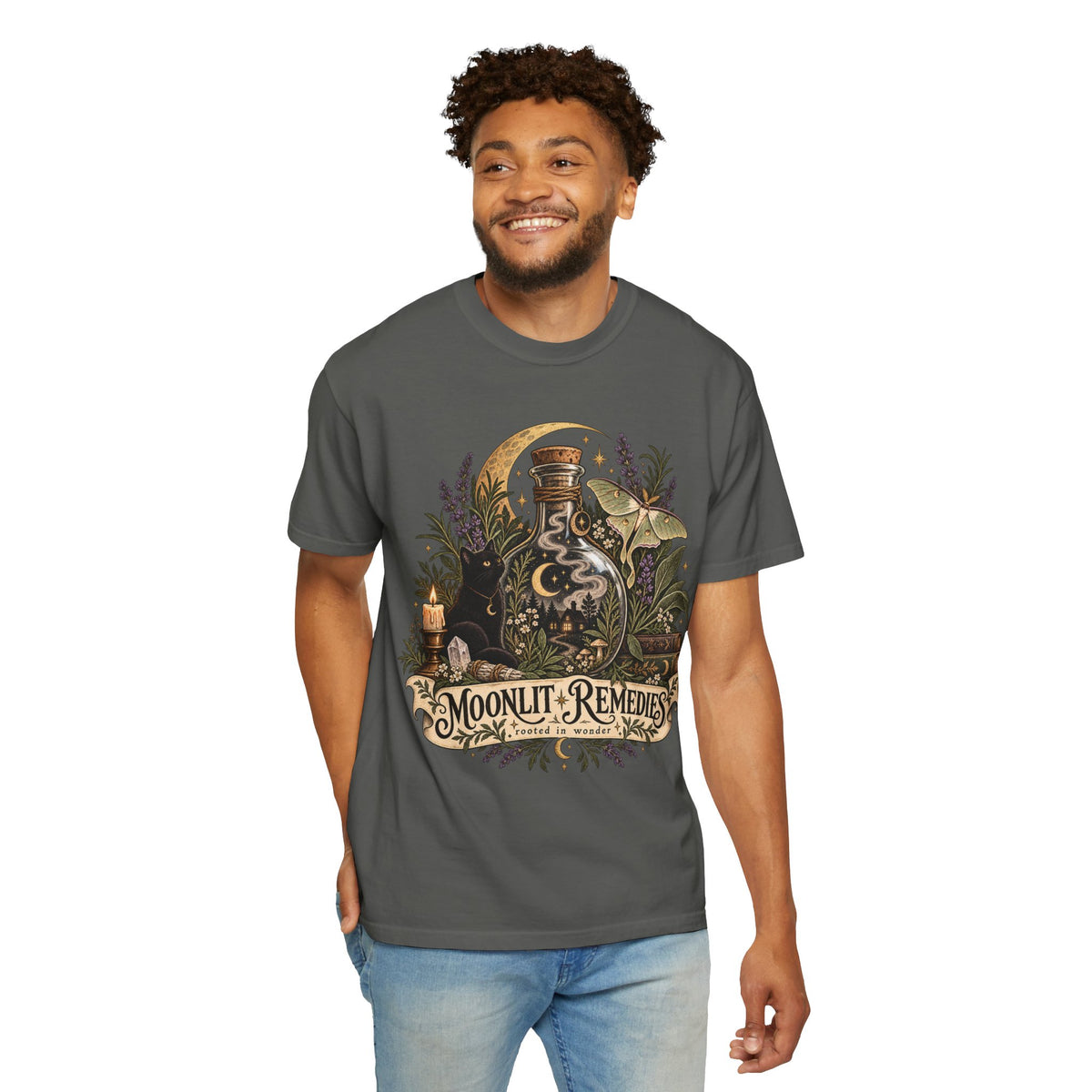 Moonlit Remedies T-Shirt — Vintage Apothecary Potion Graphic Tee
