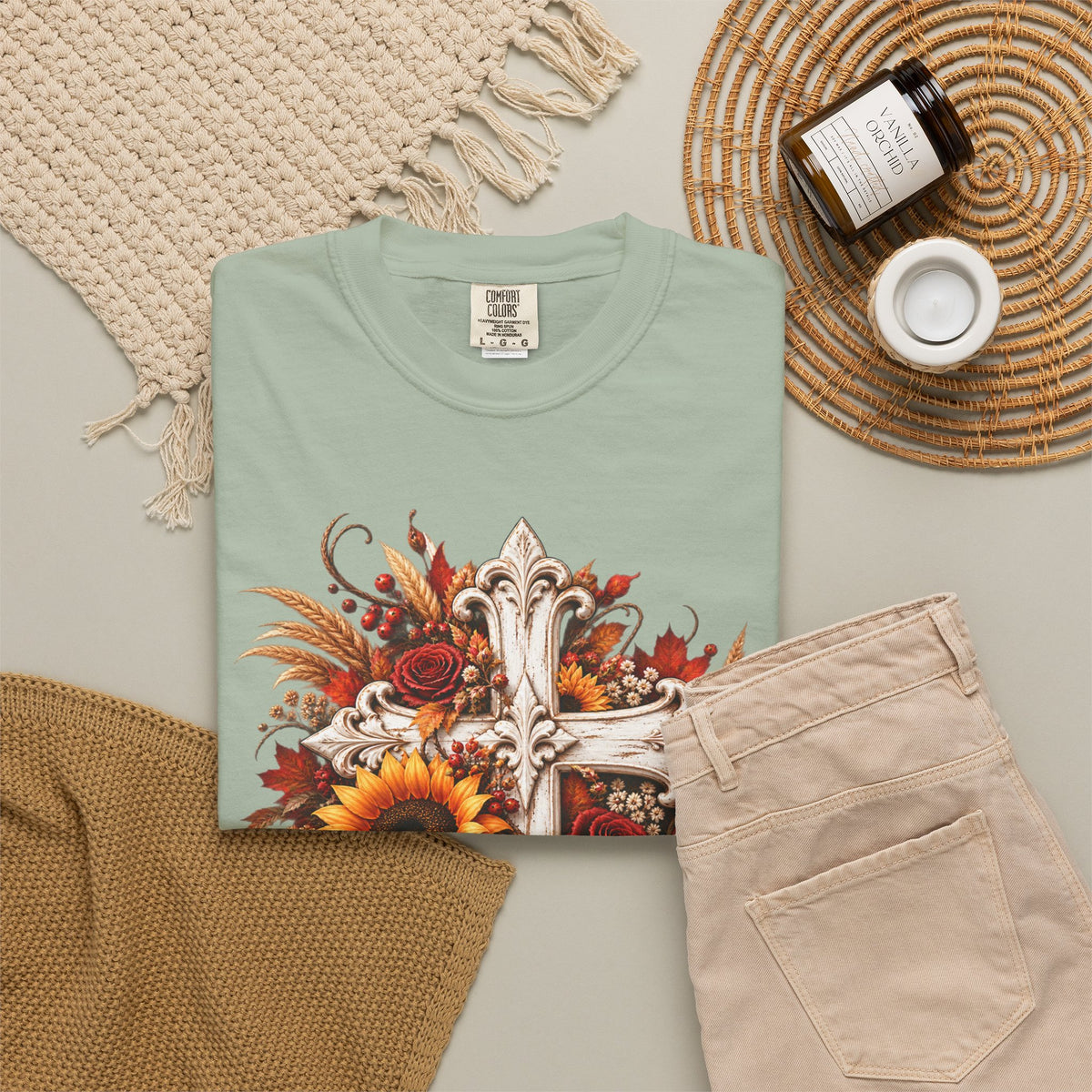 Autumn Harvest Cross and Sunflower T-Shirt