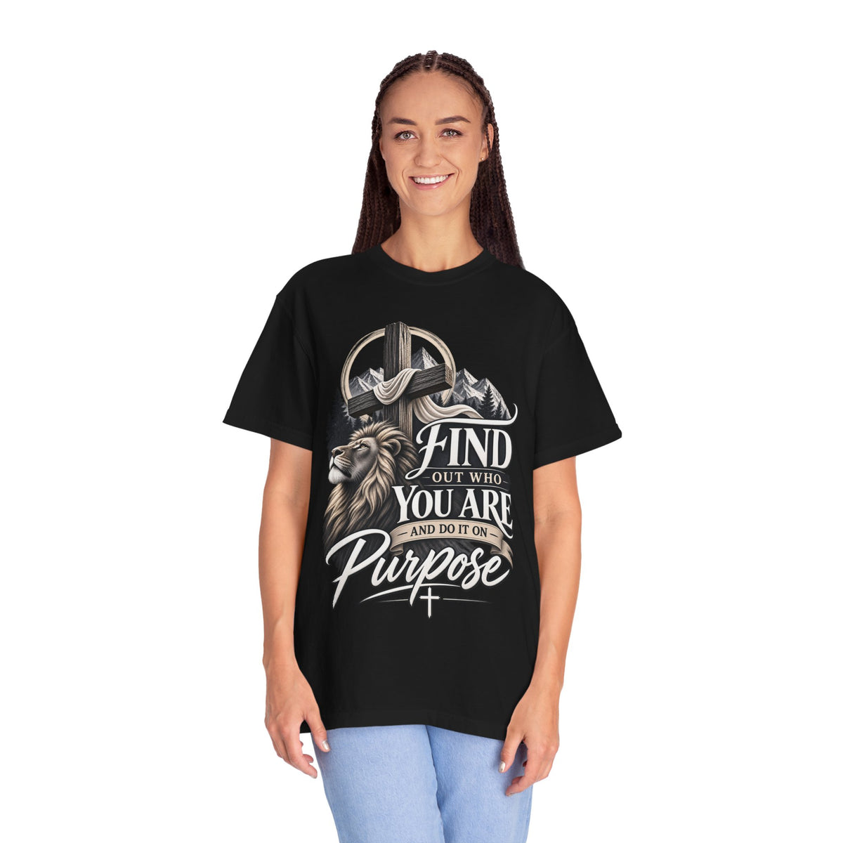 Find Out Who You Are Purpose T-Shirt — Inspirational Christian Mountain & Cross Tee