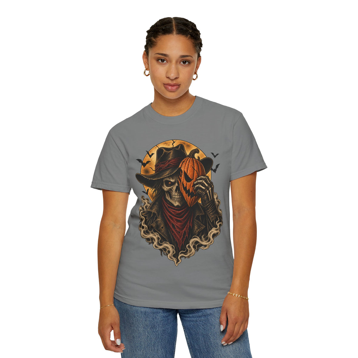 Skeleton Cowboy with Pumpkin Mask T-shirt | Halloween Western Skull Tee