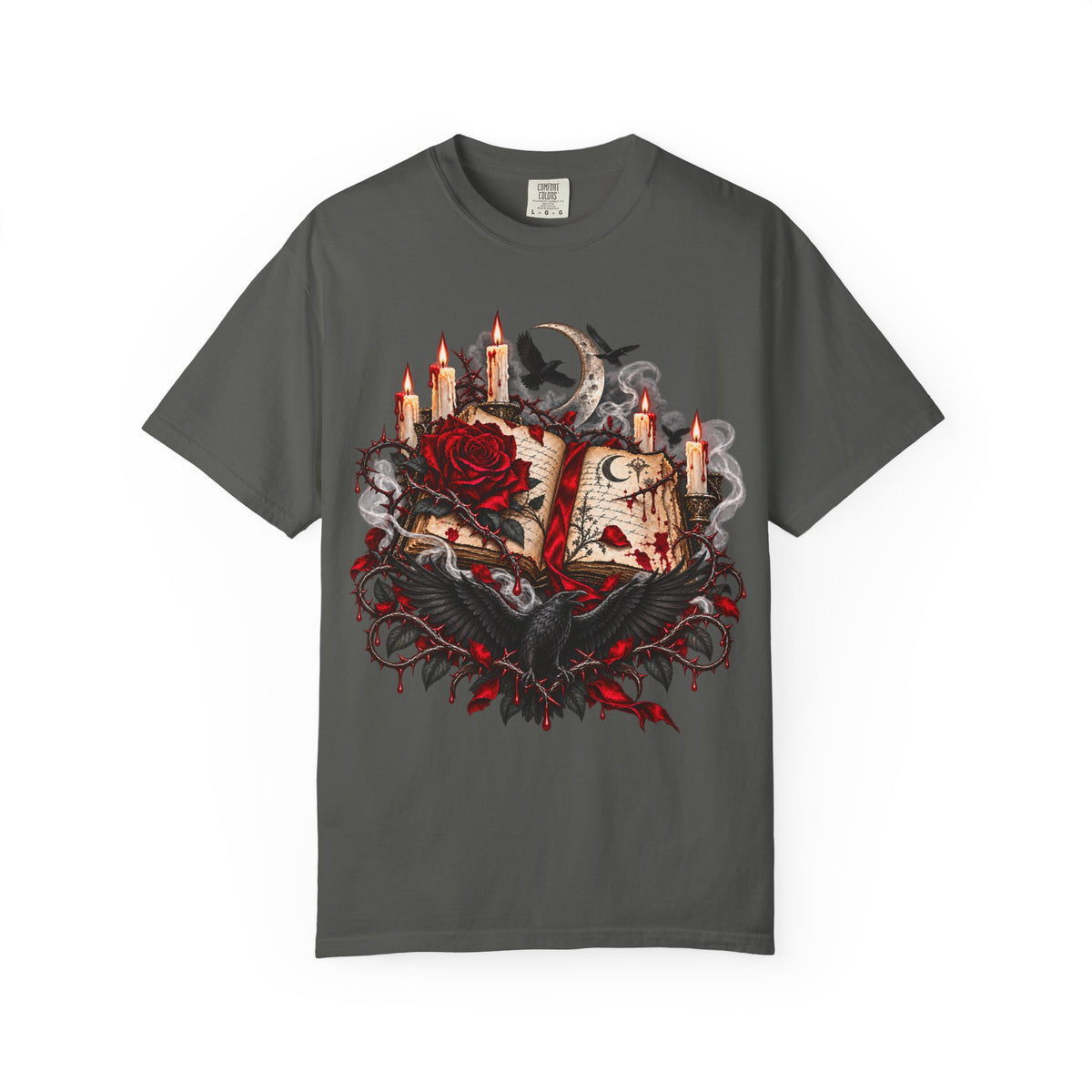 Gothic Spellbook Tee — Rose, Candles & Raven Graphic T-Shirt