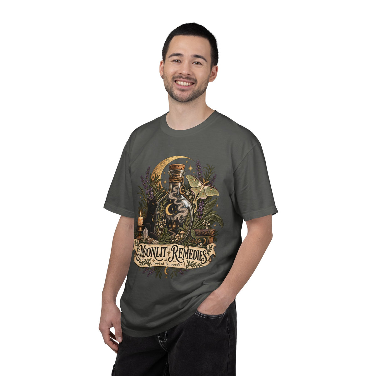 Moonlit Remedies T-Shirt — Vintage Apothecary Potion Graphic Tee