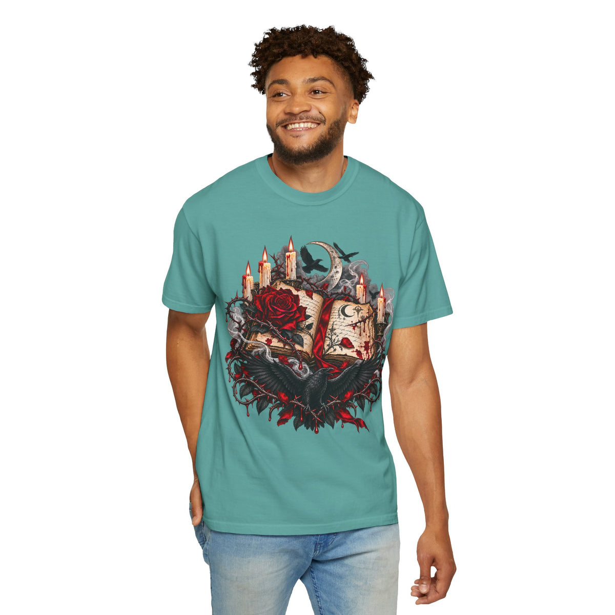 Gothic Spellbook Tee — Rose, Candles & Raven Graphic T-Shirt