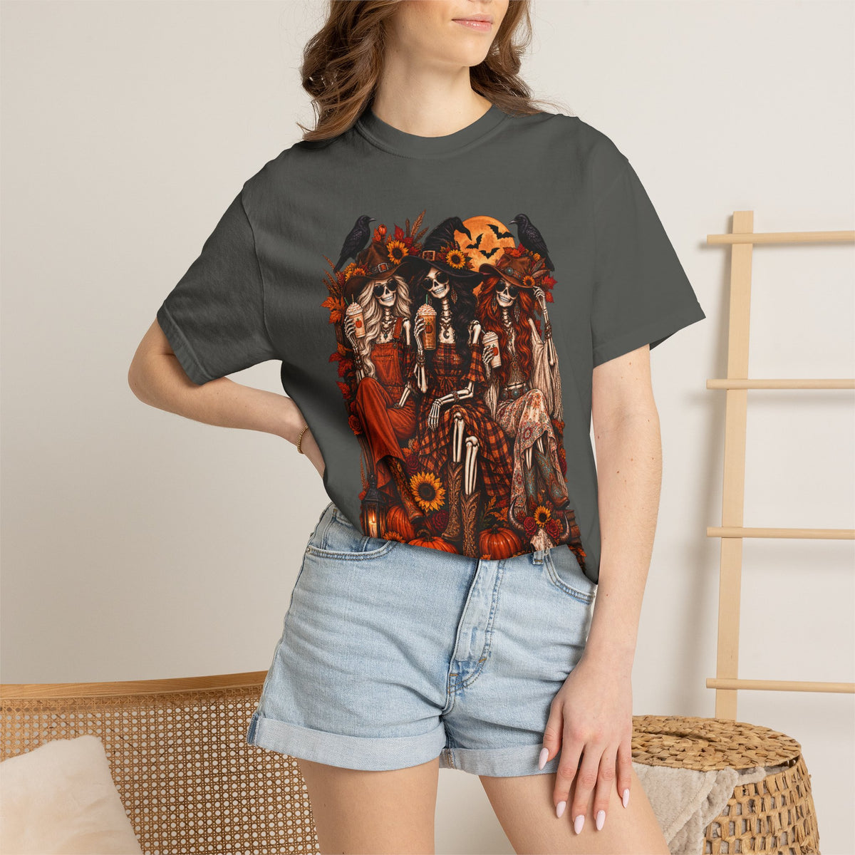 Autumn Witch Trio T-shirt | Halloween Pumpkin Sunflower Illustration