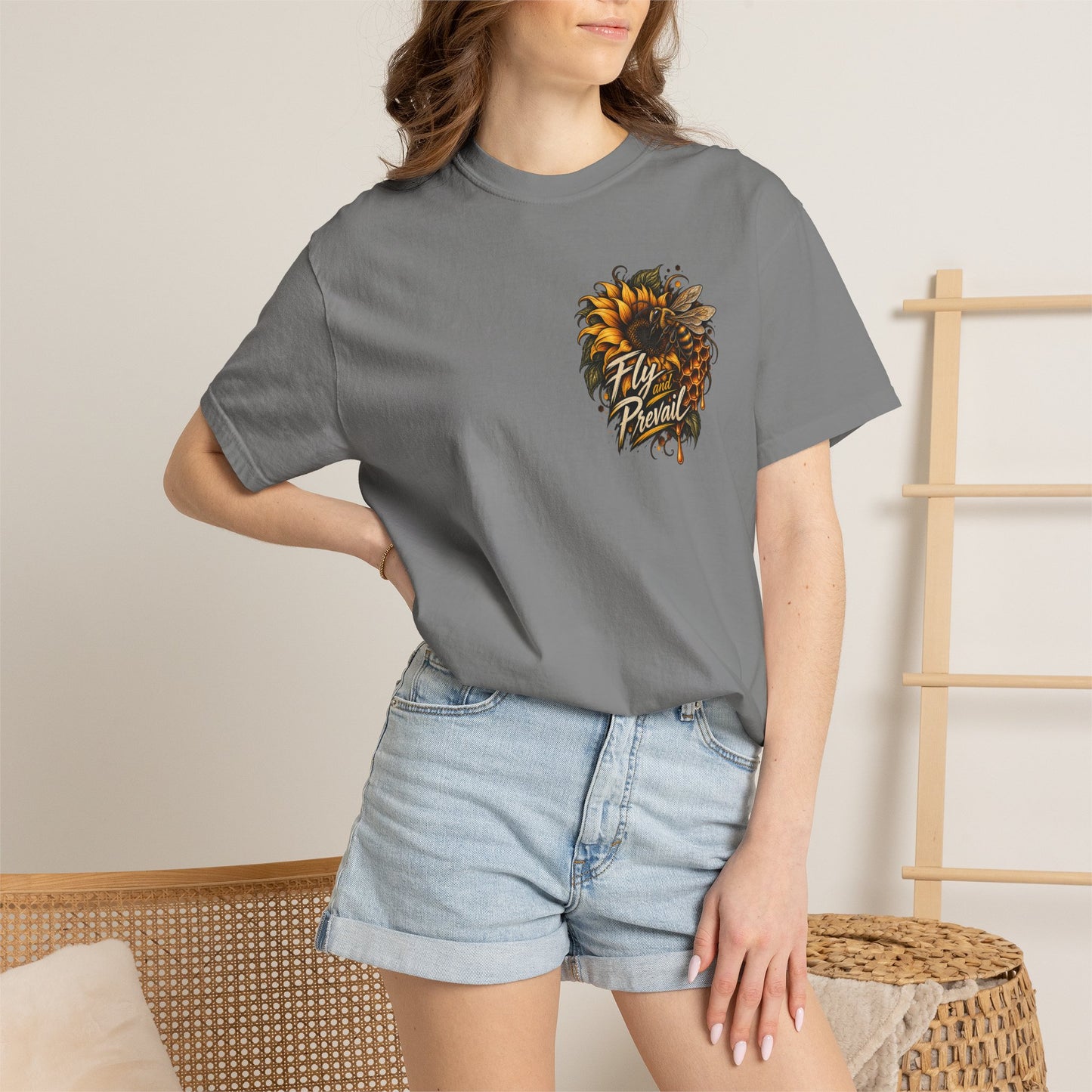 Fly and Prevail Graphic T-Shirt — Sunflower & Bee Illustration