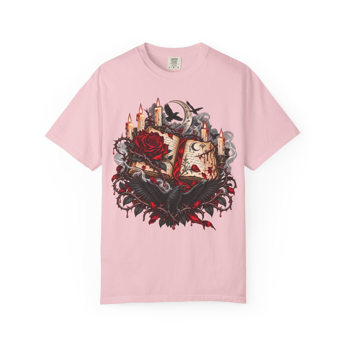 Occult Grimoire T-Shirt — Witchy Book, Rose & Candle Gothic Tee