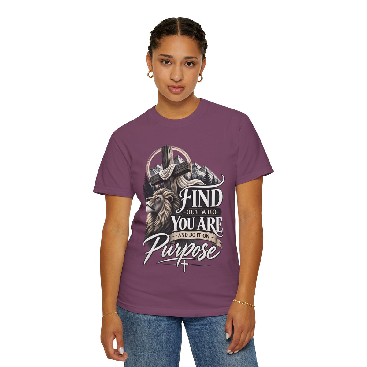 Find Out Who You Are Purpose T-Shirt — Inspirational Christian Mountain & Cross Tee